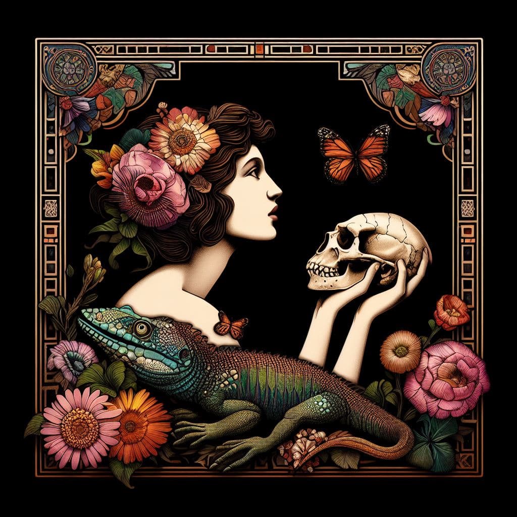AI generated: art deco, square picture of a woman holding a fossil skull, include flowers, butterfly, lizard, blac...