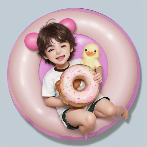 AI generated: Design a Logo of a Cute and Happy little Chibbi Boy holding a one huge and colorful doughnut in fron...