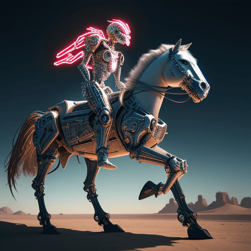 AI generated: Ultra-detailed cyborg in a desert,riding a mecanic horse with anthropomorphic cybernetic skeleton el...