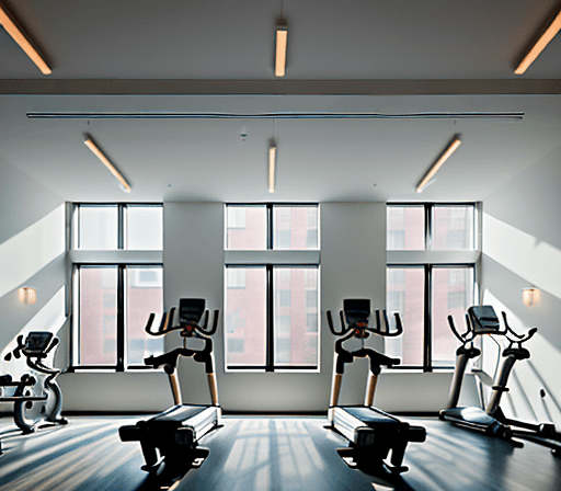 AI generated: High resolution photography of interior design, of a gym inside a building with around apartments fi...