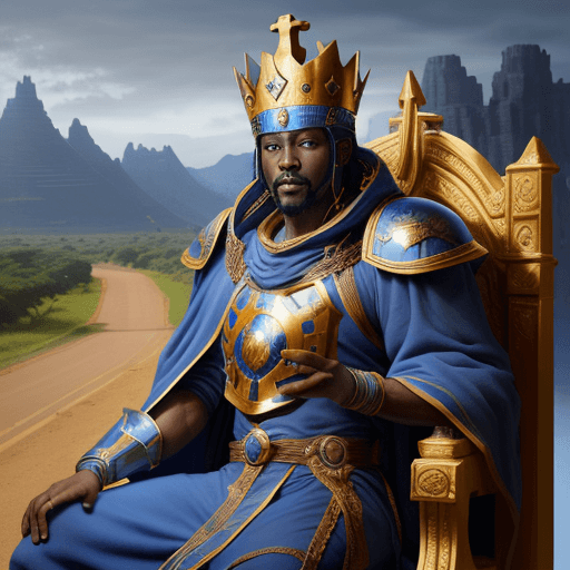 AI generated: African god, blue robes, with armor, with road in the background of the image, with wars around him,...