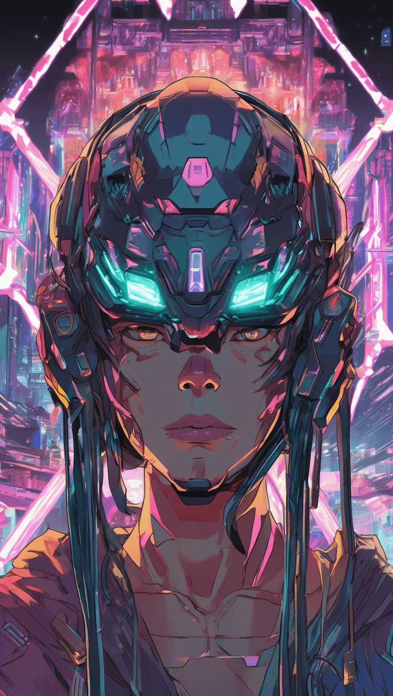 AI generated: a cyborg facemask covered in rune of neon, an anime drawing, trending on Artstation, serial art, mar...