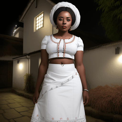 AI generated: A traditional igbo black woman in short white blouse and white wrapperskirt with big white cotton wo...