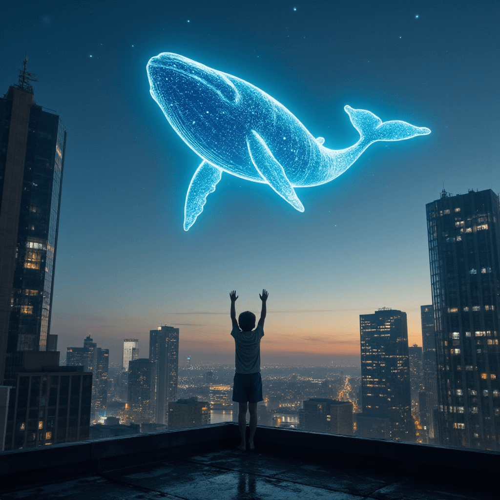AI generated: At dusk, a boy stands barefoot on a city rooftop, arms lifted as a colossal glowing whale glides sil...