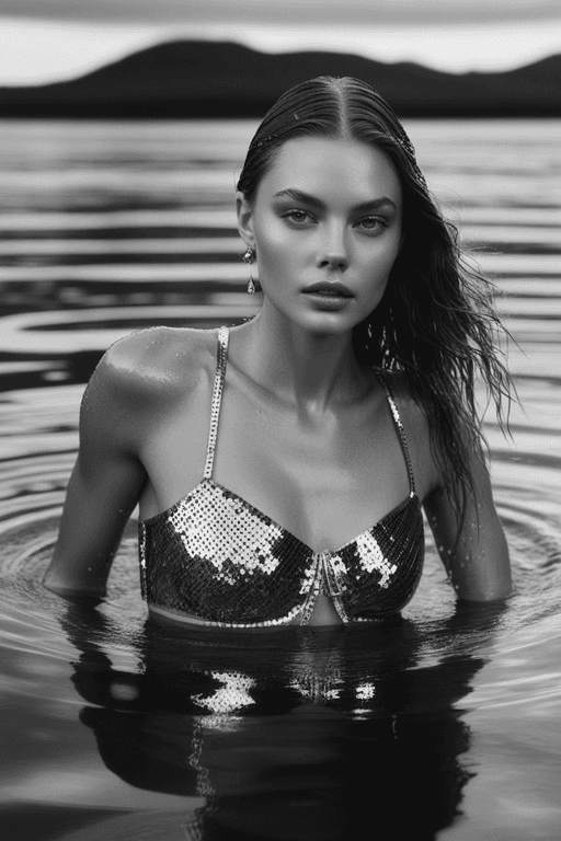 AI generated: a black and white photo of a woman in the water, mert and marcus, drops, kristine froseth, carola ru...