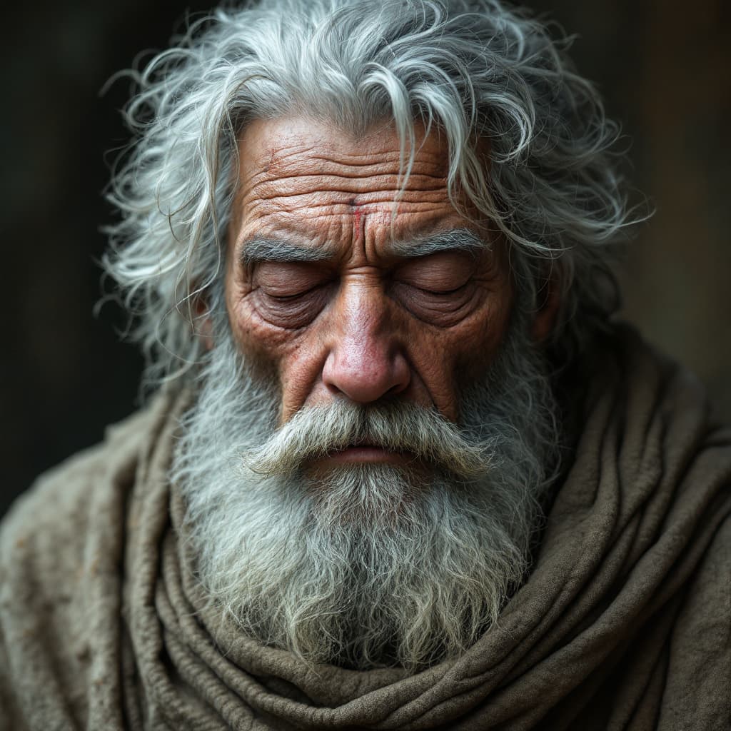 AI generated: create a image of a ancient old master who is blind , fit in shape grey hairs and eyes closed scars ...