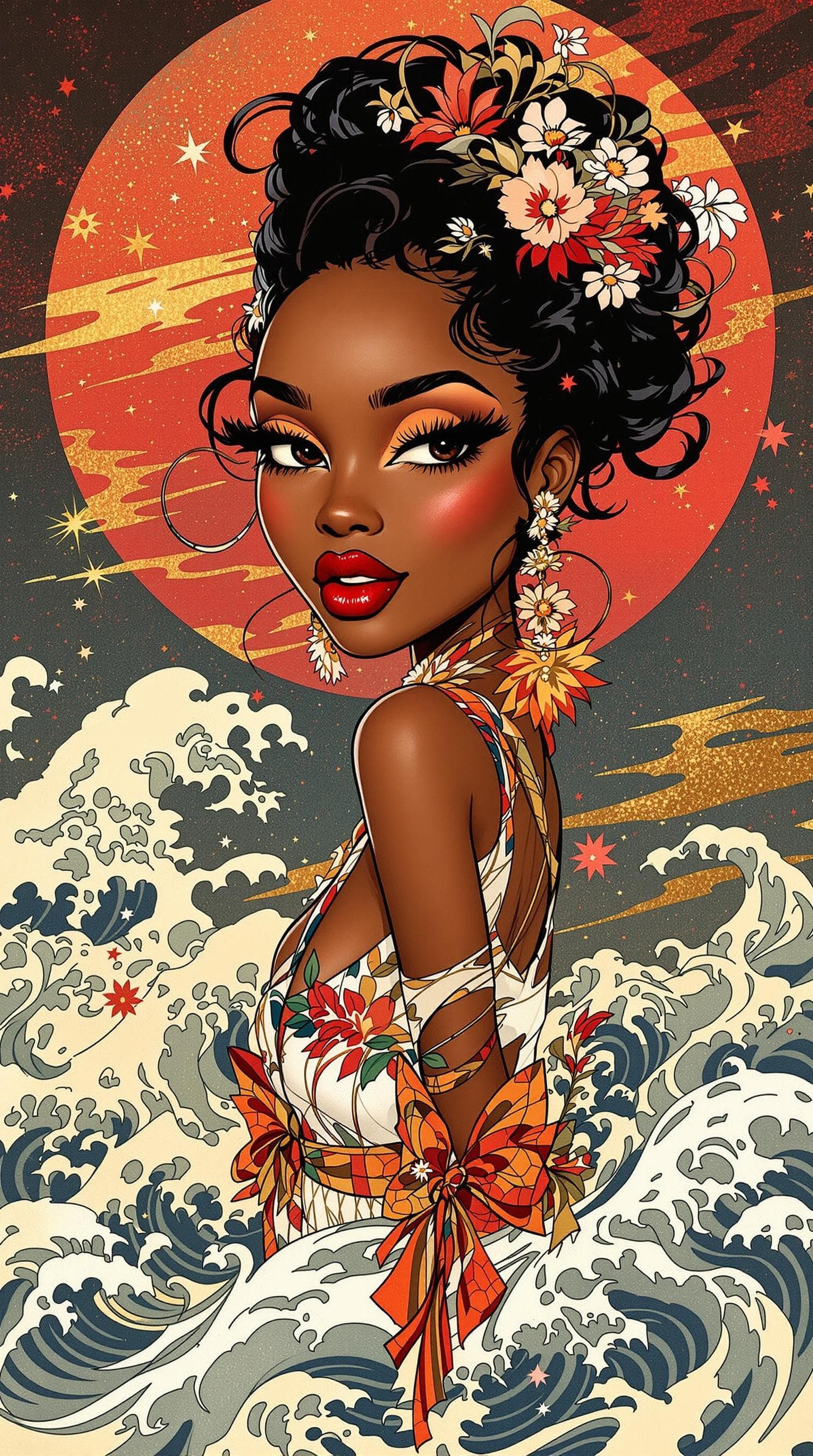 AI generated: A stylized portrayal of an African American pin-up woman, drawing inspiration from the Japanese wood...