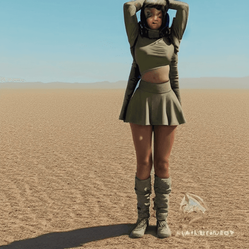 AI generated: uniform solider young girl, beautiful symmetric face, big kind eyes , (dynamic pose), in a dry deser...