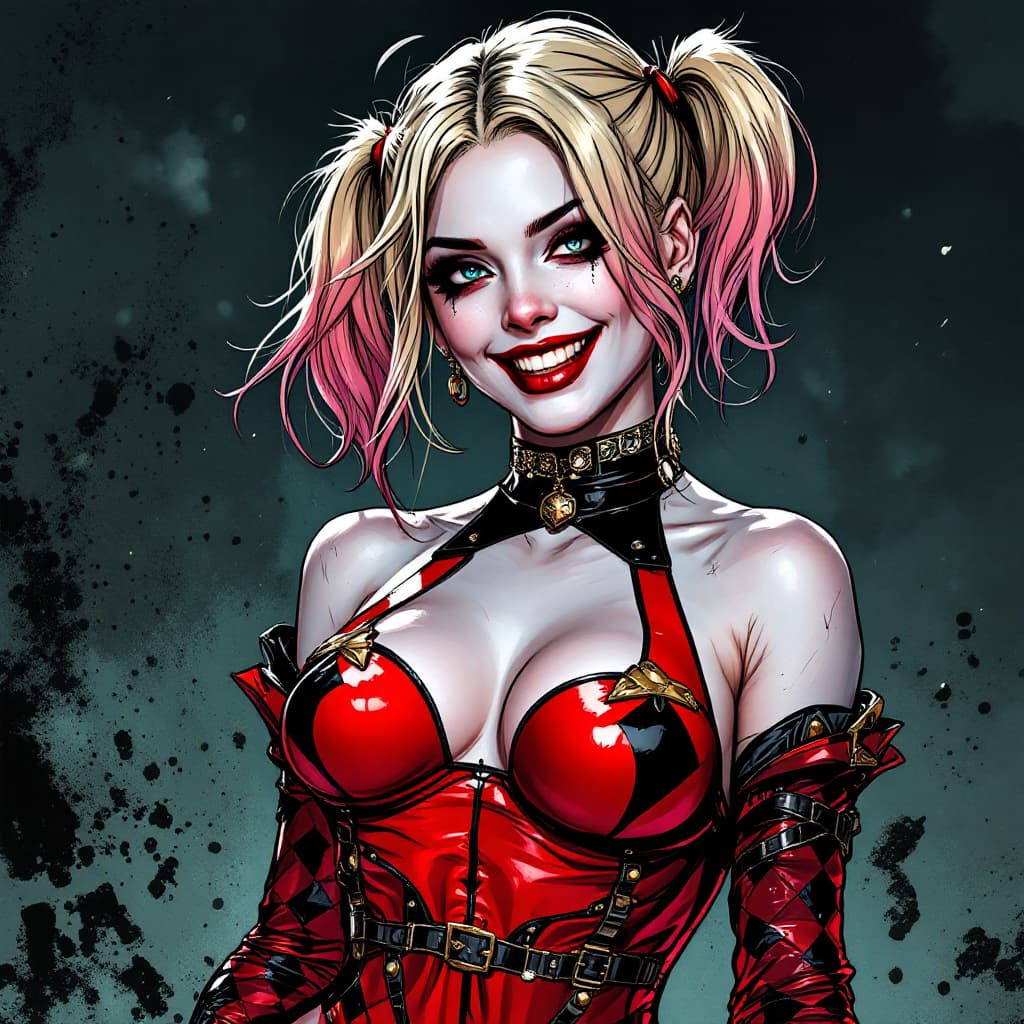 AI generated: 
Harley Quinn full body long shot, original  costume,  smile,  in the  style  of frank Cho, comic bo...