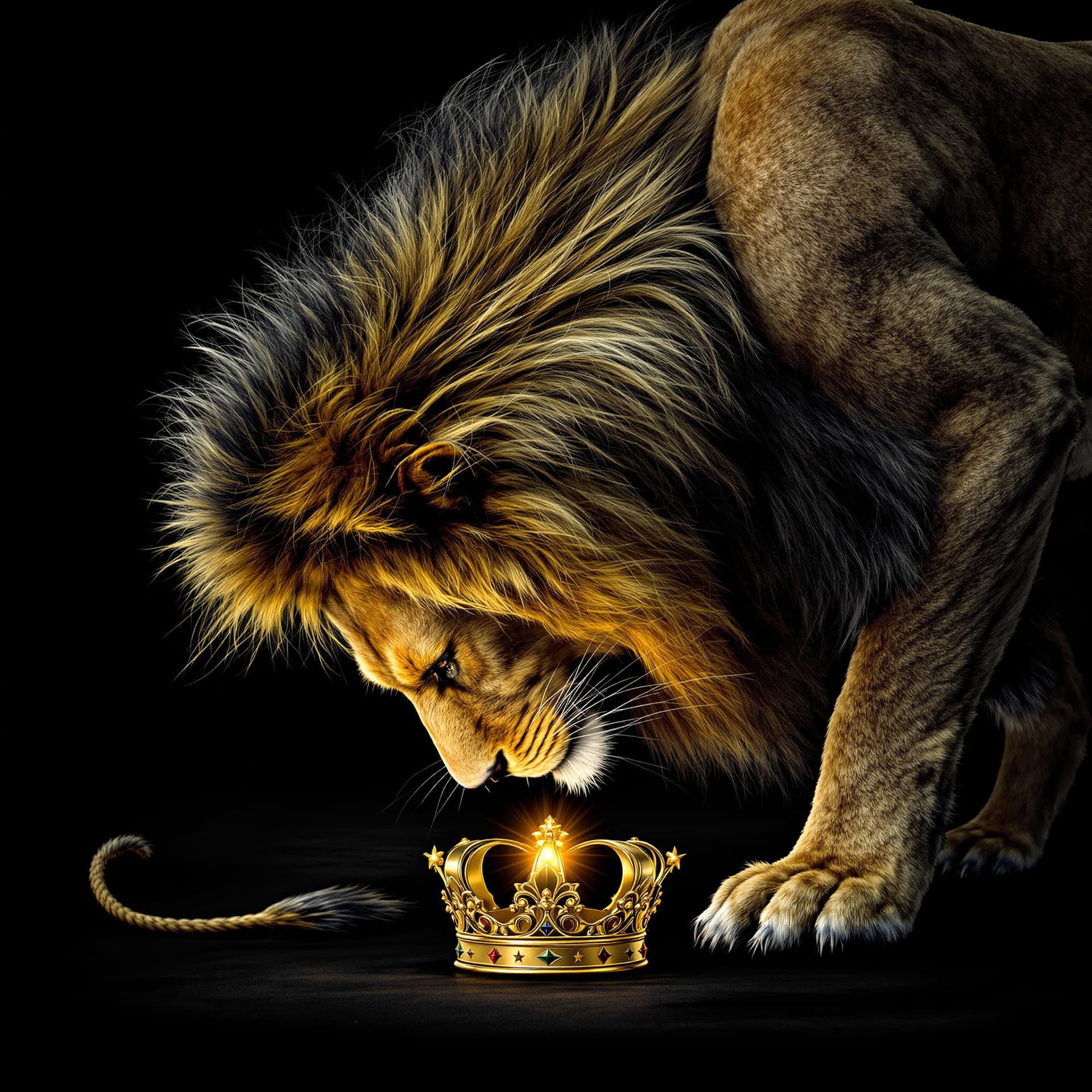 AI generated: a lion is bowing in a submissive position to a bright golden crown in front of him, the background i...