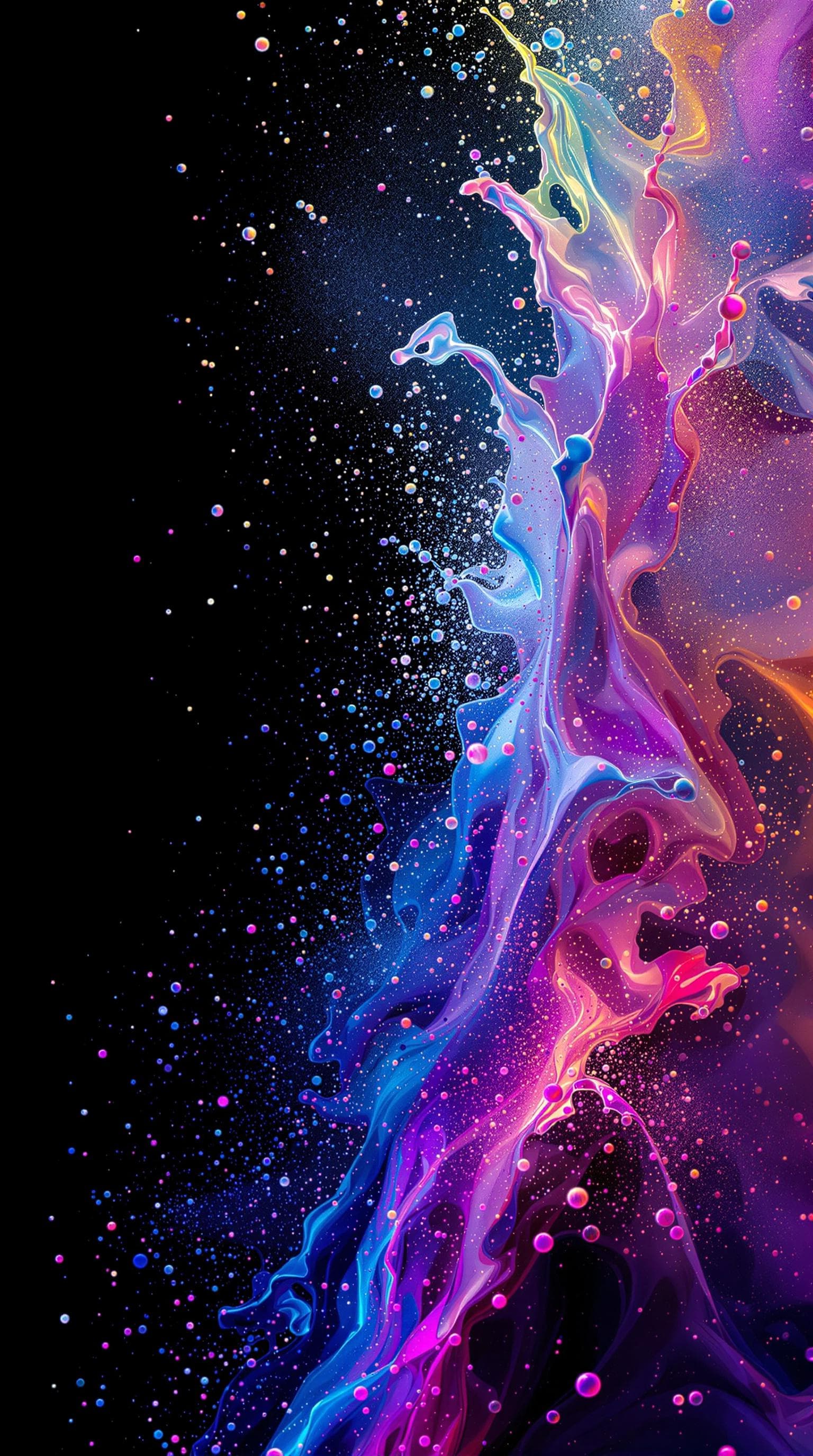 AI generated: holographic milky fluid splashes, from right out of the picture into the picture to left, with powde...