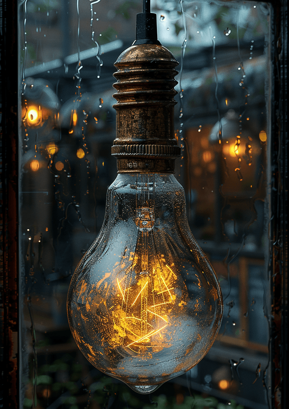 AI generated: led light bulb, cityscapes, in the style of tokio aoyama, dramatic vistas, wet-on-wet blending, børg...