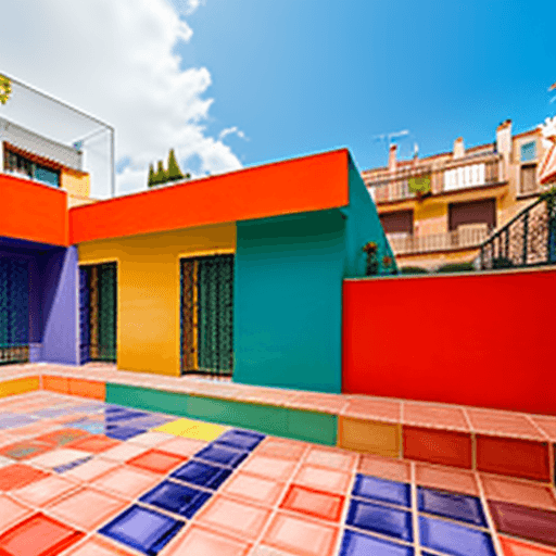 AI generated: House in Barcelona, made of colorful tiles and textures, townhouse next to many boring houses