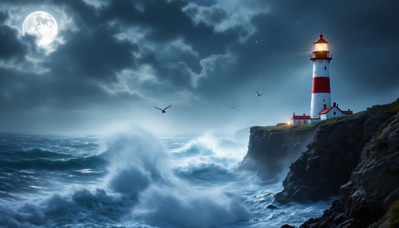 AI generated: Imagine an 85 meters high lighthouse in Normandy on the northern coast of France. The image is being...