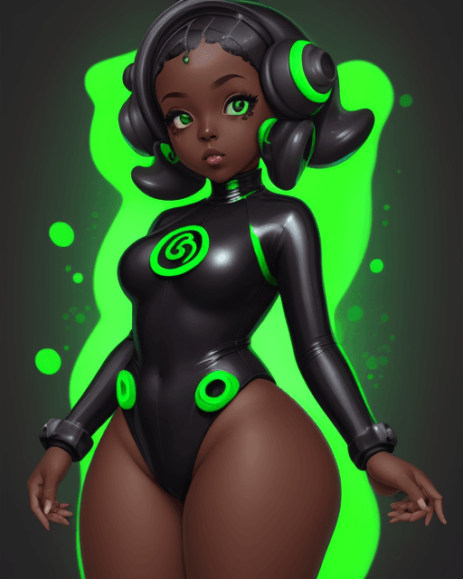 AI generated: octoling girl, dark skin, thick thighs, splatoon, futuristic tech, hypnosis, hypnotized, leotard, gr...