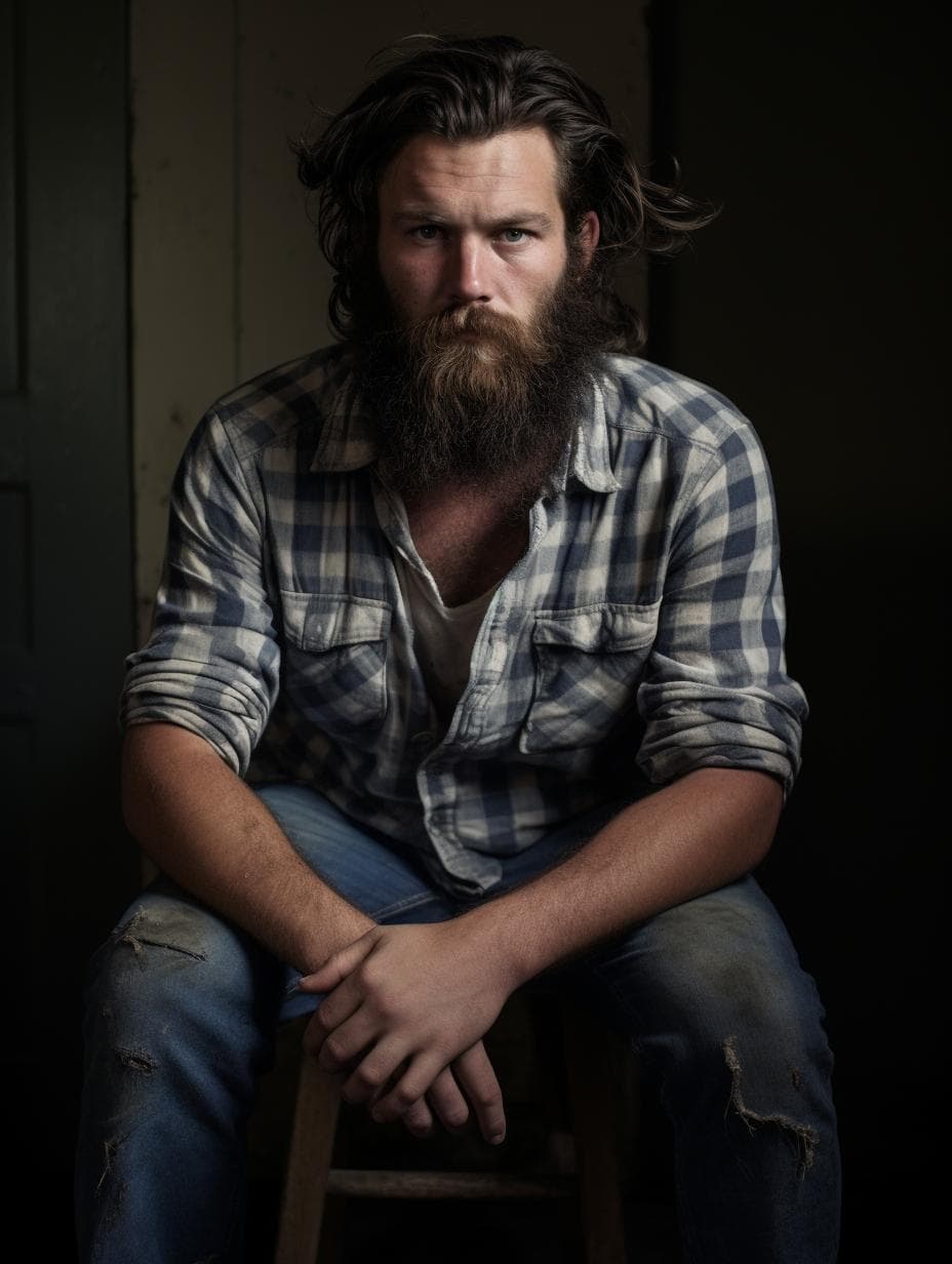 AI generated: a man with a beard sitting on a stool, low spacial lighting : :, film frame, frown fashion model, co...