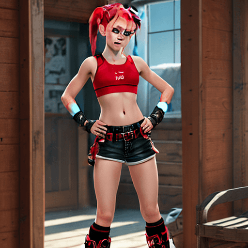 AI generated: Slim 12-Year Old Cowgirl With Red Ponytail, Wearing Crimson Sports Bra, Ladybug Shorts Red Legwarmer...