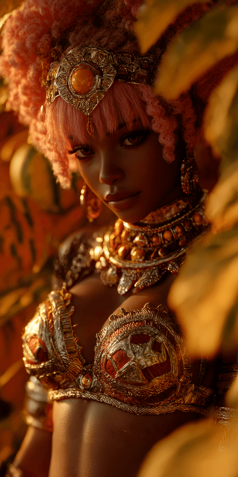 AI generated: A stunning female figure with rich brown skin and striking amber eyes, partially obscured by lush gr...