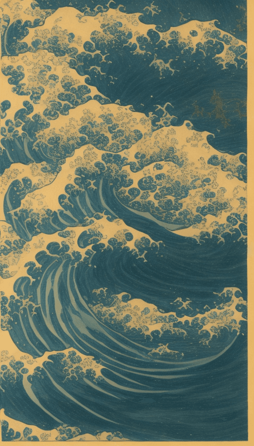 AI generated: Katsushika Hokusai's Japanese depiction of a very turbulent sea with massive waves. The background s...