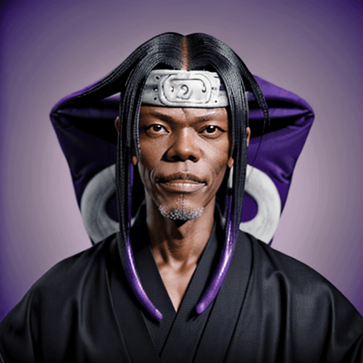 AI generated: Orochimaru from naruto with the face of Samuel L. Jackson smiling. Purple background