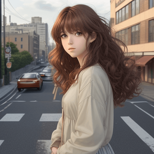 AI generated: perfect anime quality, beautiful scenery in background, 20 years old, perfect face, wavy hair, curta...