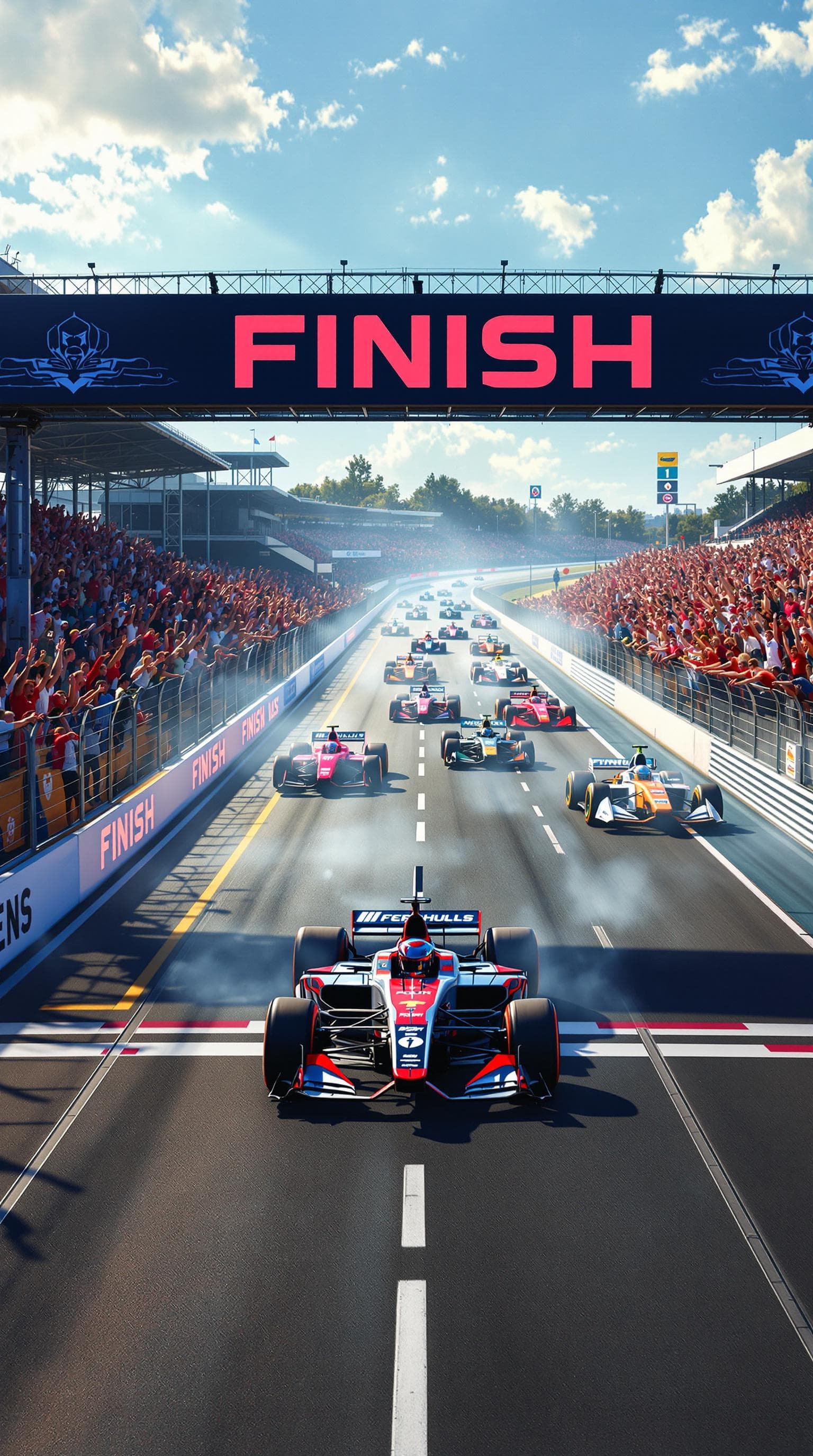 AI generated: Summer.      The tension increases. The FINISH banner above the track. The leading racing car crosse...