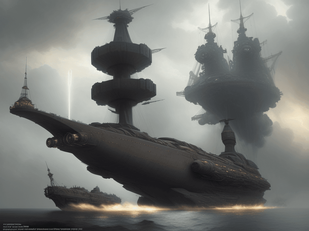 AI generated: A dieselpunk spacecruiser reminescent of Jules Verne's Robur the Conqueror, levitation rotors, amid ...