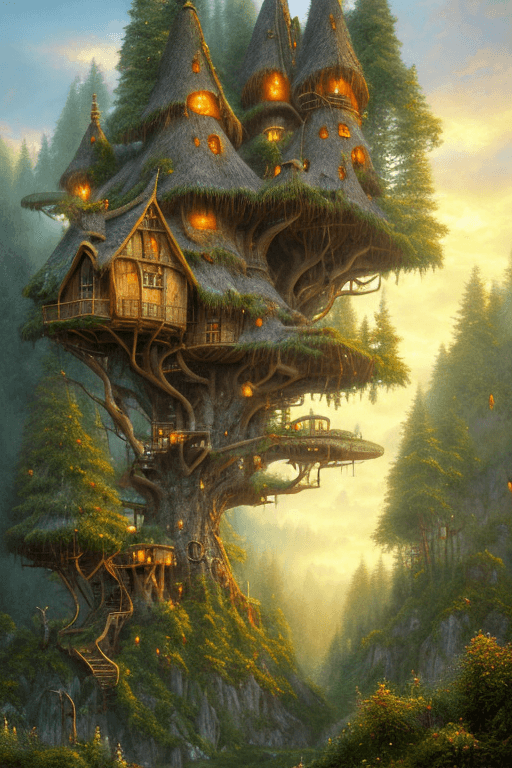 AI generated: valley, fairytale treehouse village covered,, matte painting, highly detailed, dynamic lighting, cin...