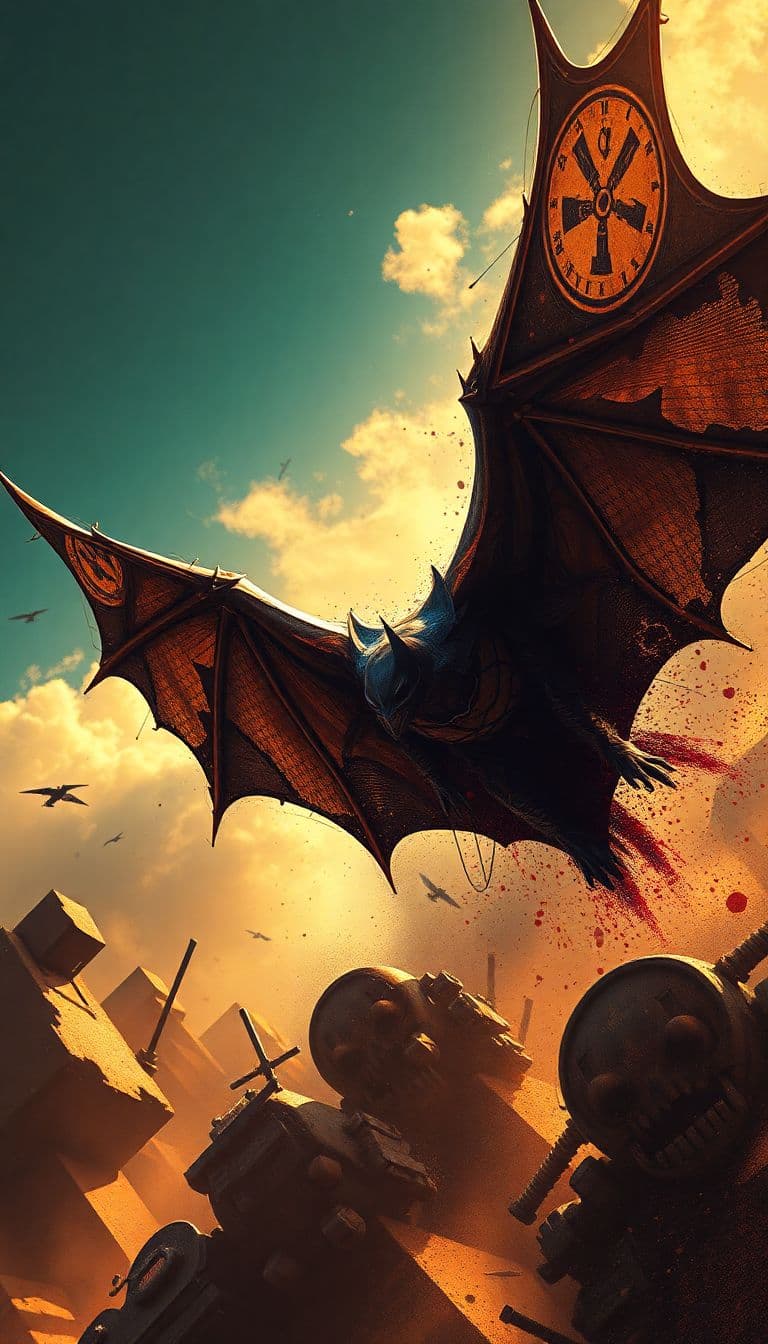 AI generated: a bat and fighter hybrid, torn metal, splattered paint, cyberpunk, atom punk, monster punk, volumetr...