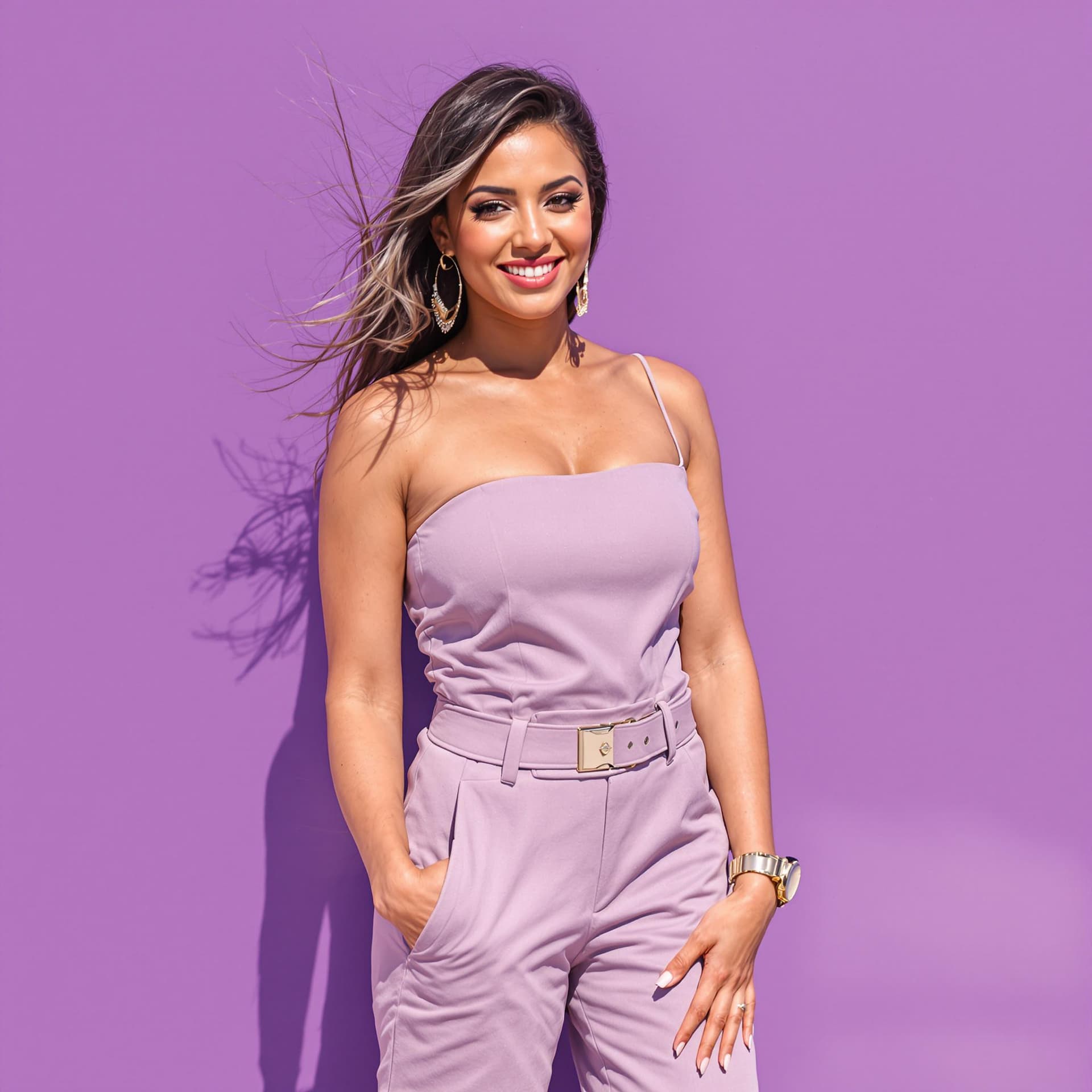 AI generated: a woman stands posing. She wears a fitted jumpsuit with a chic belt, paired with gold accessories th...