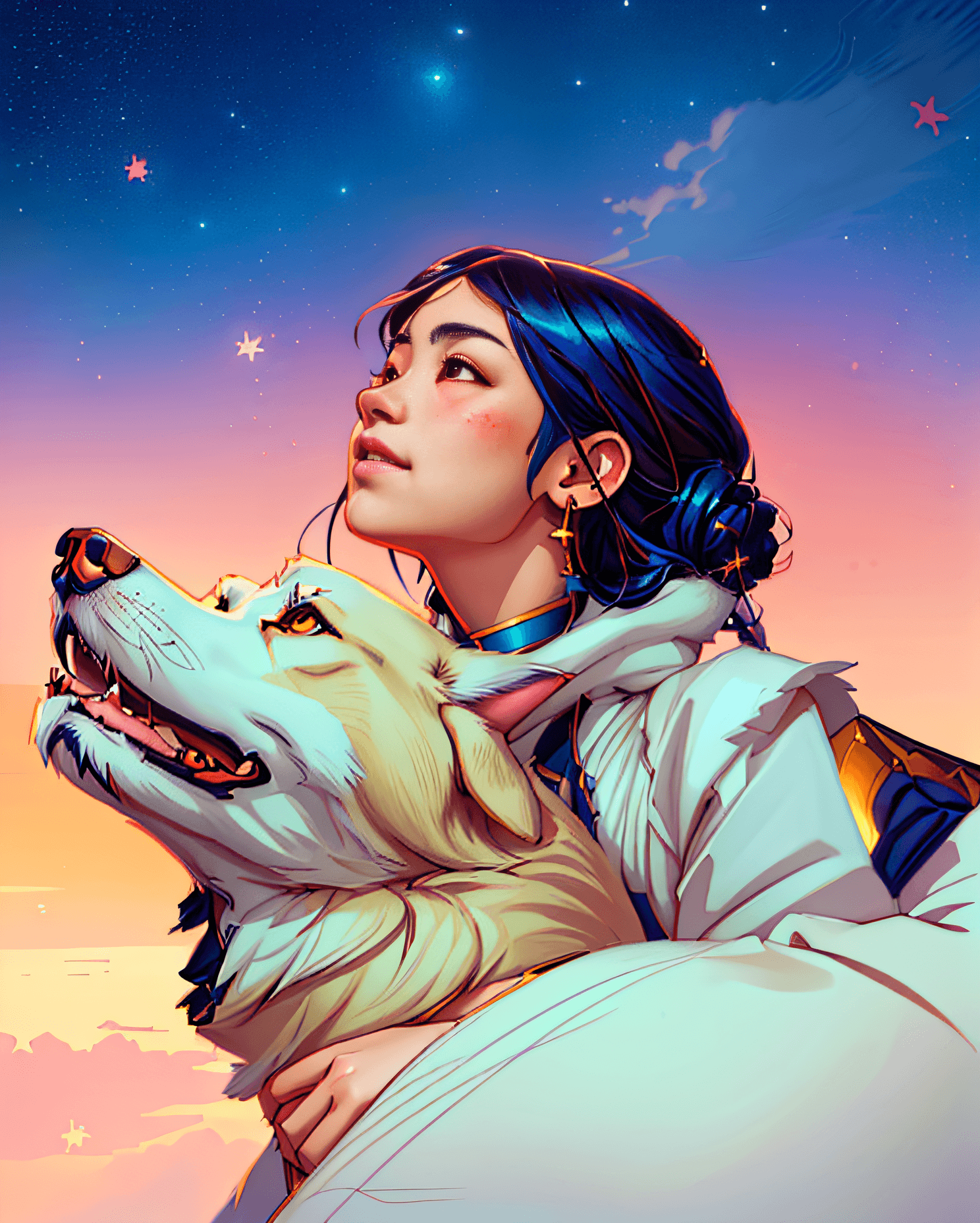 AI generated: anime girl and dog looking up at the stars, artwork in the style of guweiz, artgerm and atey ghailan...