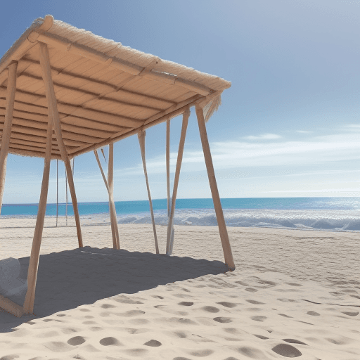 AI generated: Una cabaña de madera en una playa de arena blanca, con el mar de fondo. En primer plano, una mujer q...