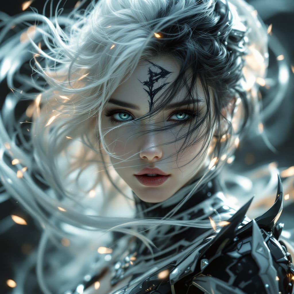 AI generated: The girl is a light shadow magician, magical whirlwinds of light and shadow. There is a futuristic l...