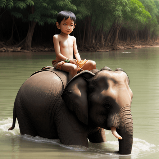 AI generated: khmer child on a elephant made from garlic bulb  on the river