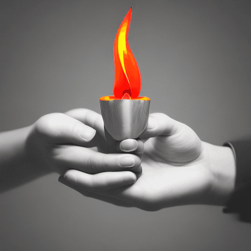 AI generated: Hand holding a small flame, illustrated by shimhaq, stylized black and white and red