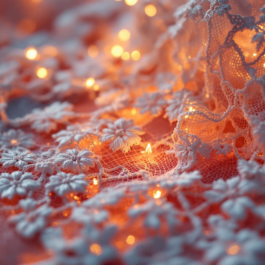 AI generated: 47.	close-up 3D view of delicate lace embroidery in candlelight, thread fibers visible --v 7 --style...