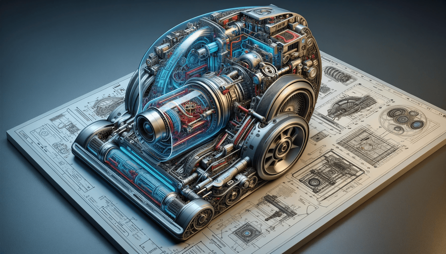 AI generated: Produce an ultra-realistic 3D technical illustration of a futuristic vacuum cleaner. The design shou...