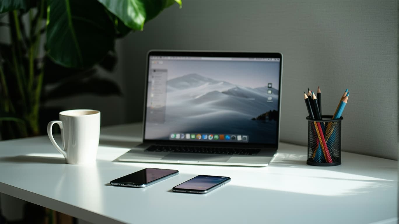 AI generated: A sleek, minimalist office workspace bathed in natural night light, featuring a modern desk setup wi...