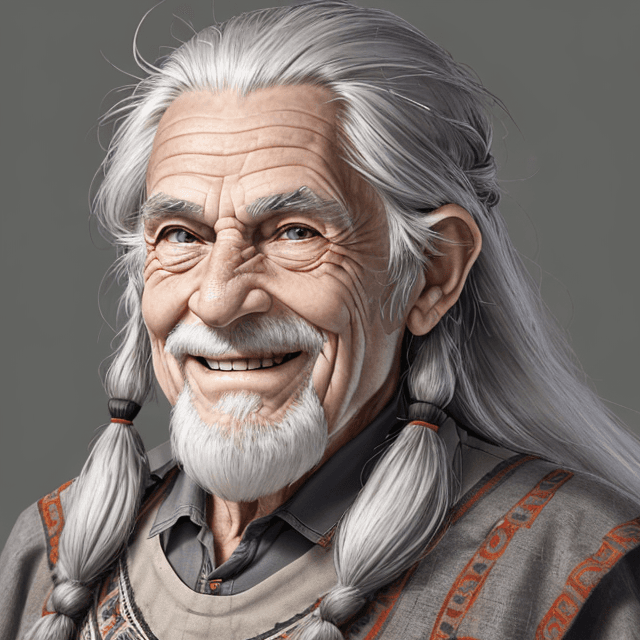 AI generated: frontal view portrait  of a face of cheerful, nice and wise old prehistoric man with long gray hair,...