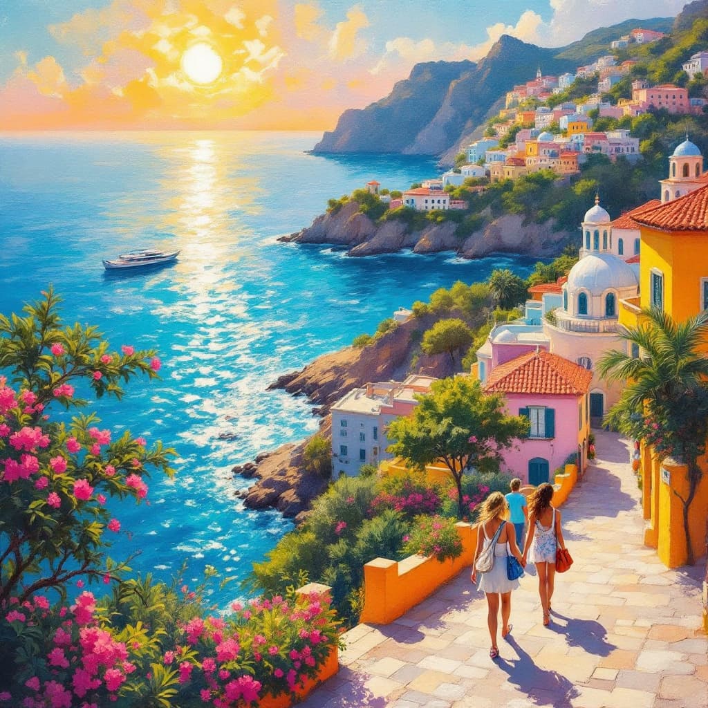 AI generated: cuban coast, oil painting, impressionist style, sunny day, colorful buildings and domes overlooking ...