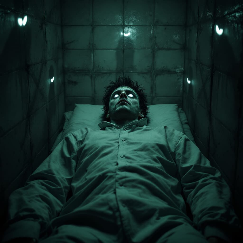 AI generated: close-up portrait of a insane man locked in a padded room.  shadow figures with white eyes coming fr...