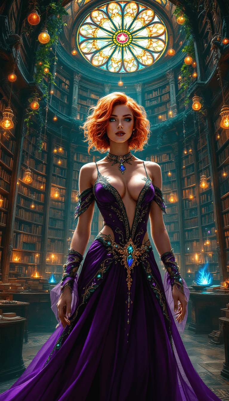 AI generated: A fiery-haired sorceress with short, wavy red-orange hair stands confidently in a grand, enchanted l...