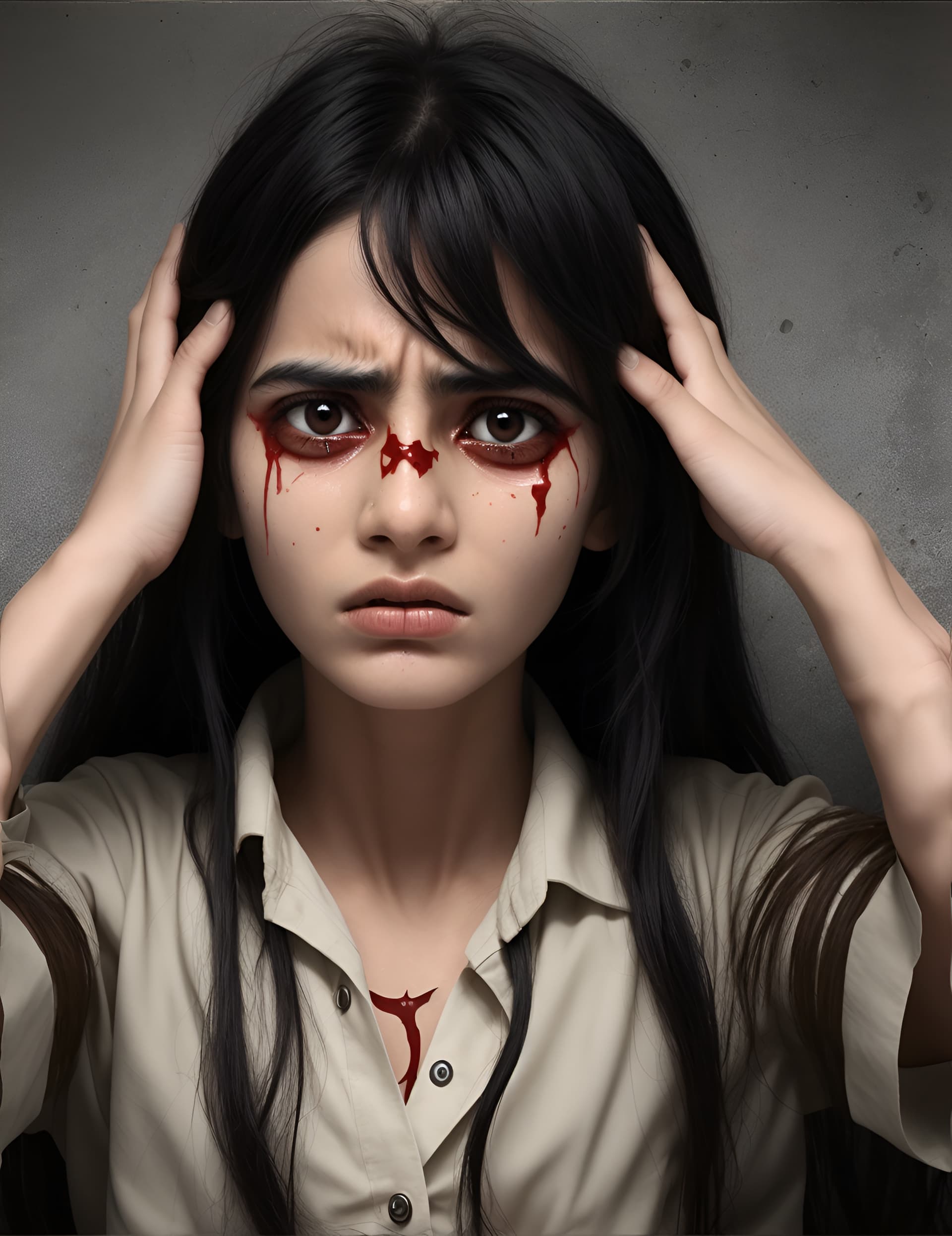 AI generated: "Produce an artistic representation of a waar victim, their eyes filled with fear and despair. The s...