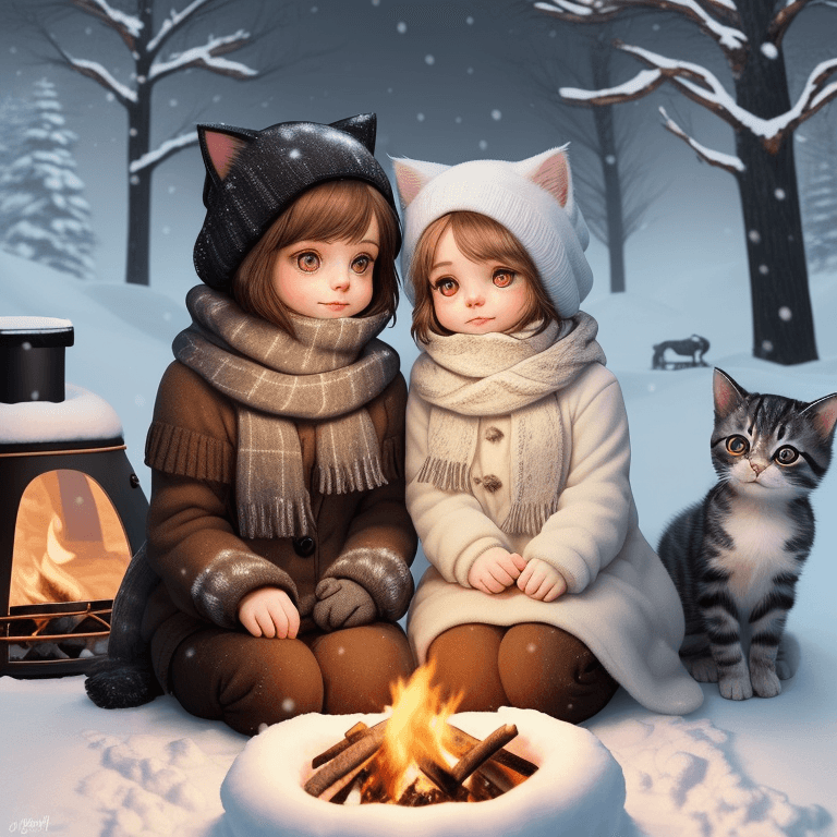 AI generated: A cute kitten and a small puppy with big, adorable eyes, sitting together by a campfire in the snow,...