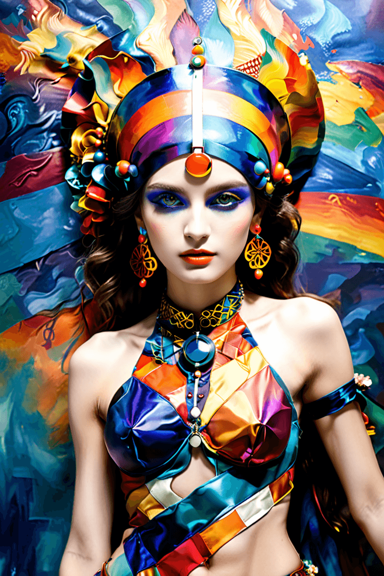 AI generated: Chromatic Voyager: She's a vibrant voyager of time, surrounded by a kaleidoscopic studio that merges...