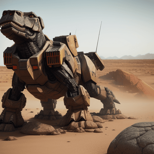 AI generated: mechwarrior battle with back knee legs same t-rex ,in desert with rocks and stones,machinegun in rig...