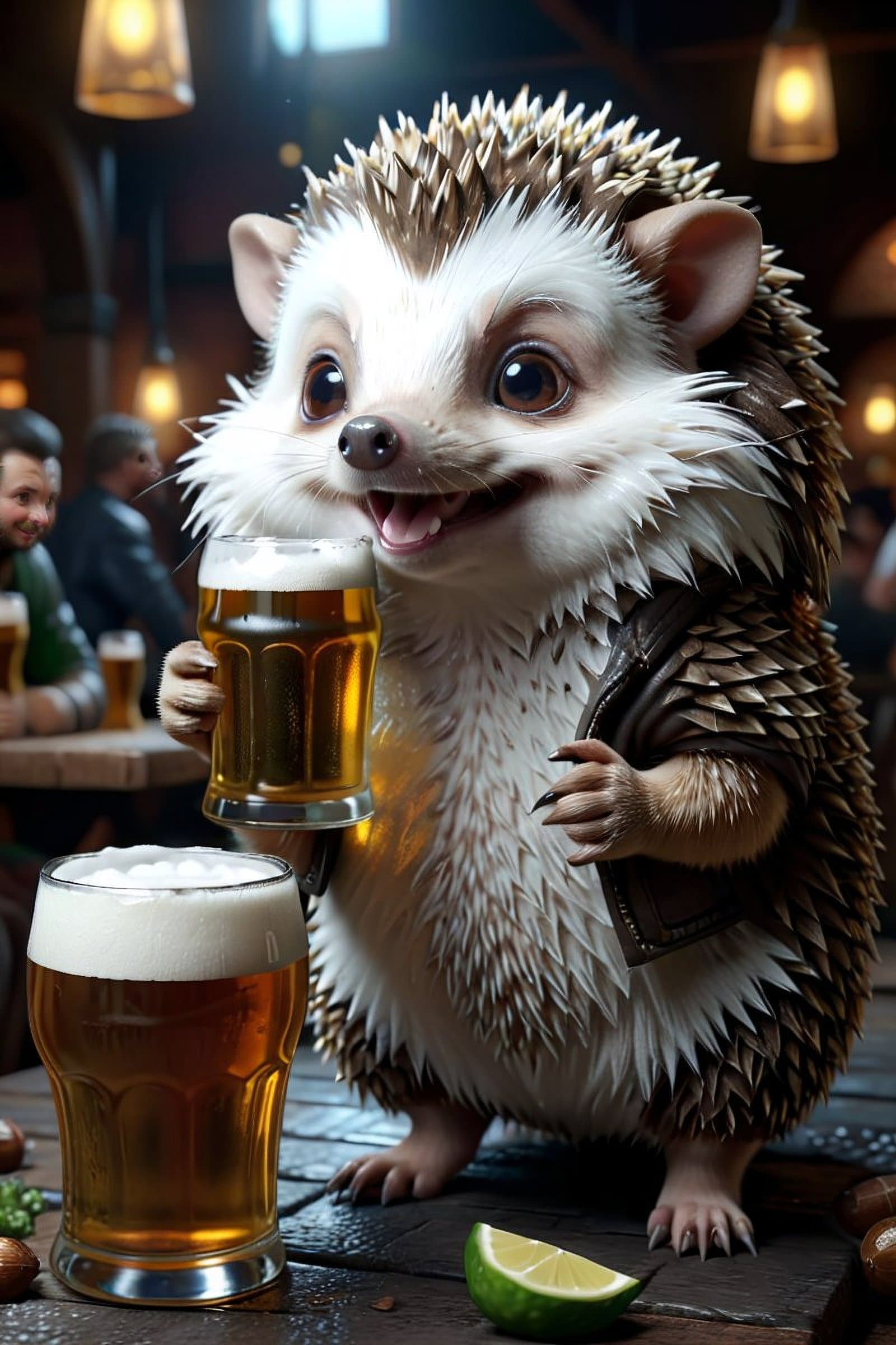 AI generated: cute hedgehog with beer, cinematic, hyper realism, high detail, octane render, 4k <lora:add_detail:0...