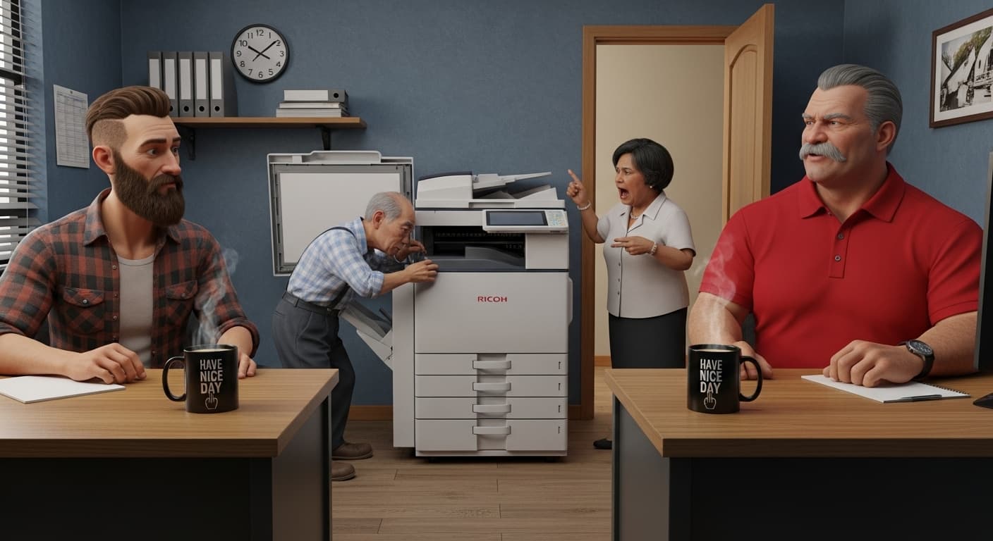 AI generated: Generate a realistic lifelike image of a small office, there are two corner desks opposite each othe...