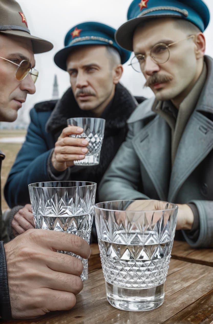 AI generated: (Men drink vodka from a faceted glass:1.2), (a bottle of vodka and faceted glasses on the table:1.2)...