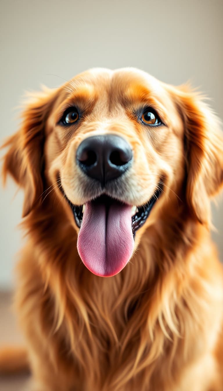 AI generated: Hyper realistic A happy golden retriever smiling at the camera, taking a selfie with its paw, tongue...